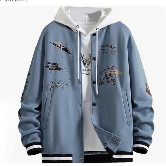 Blue White Hooded Mens Button Up Bomber Jacket